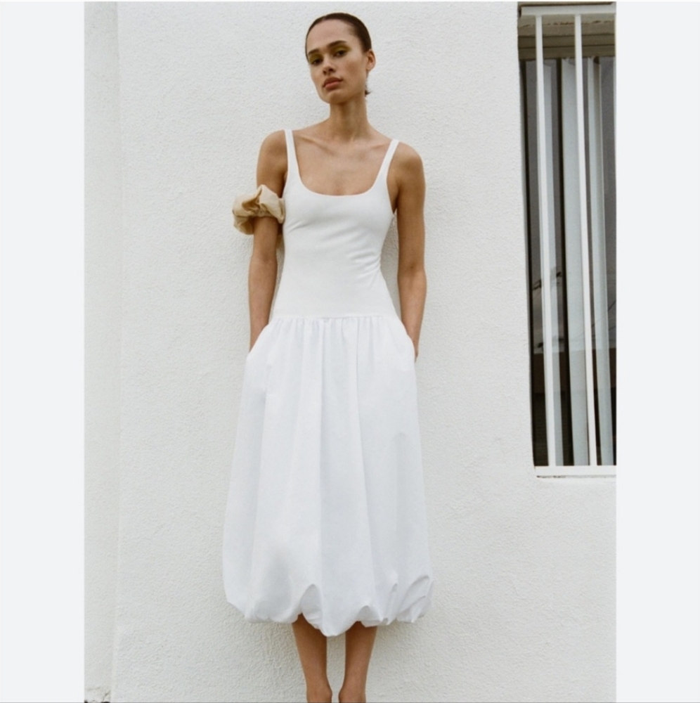 Zara Voluminous Balloon Midi Dress White Size S - Picture 15 of 15